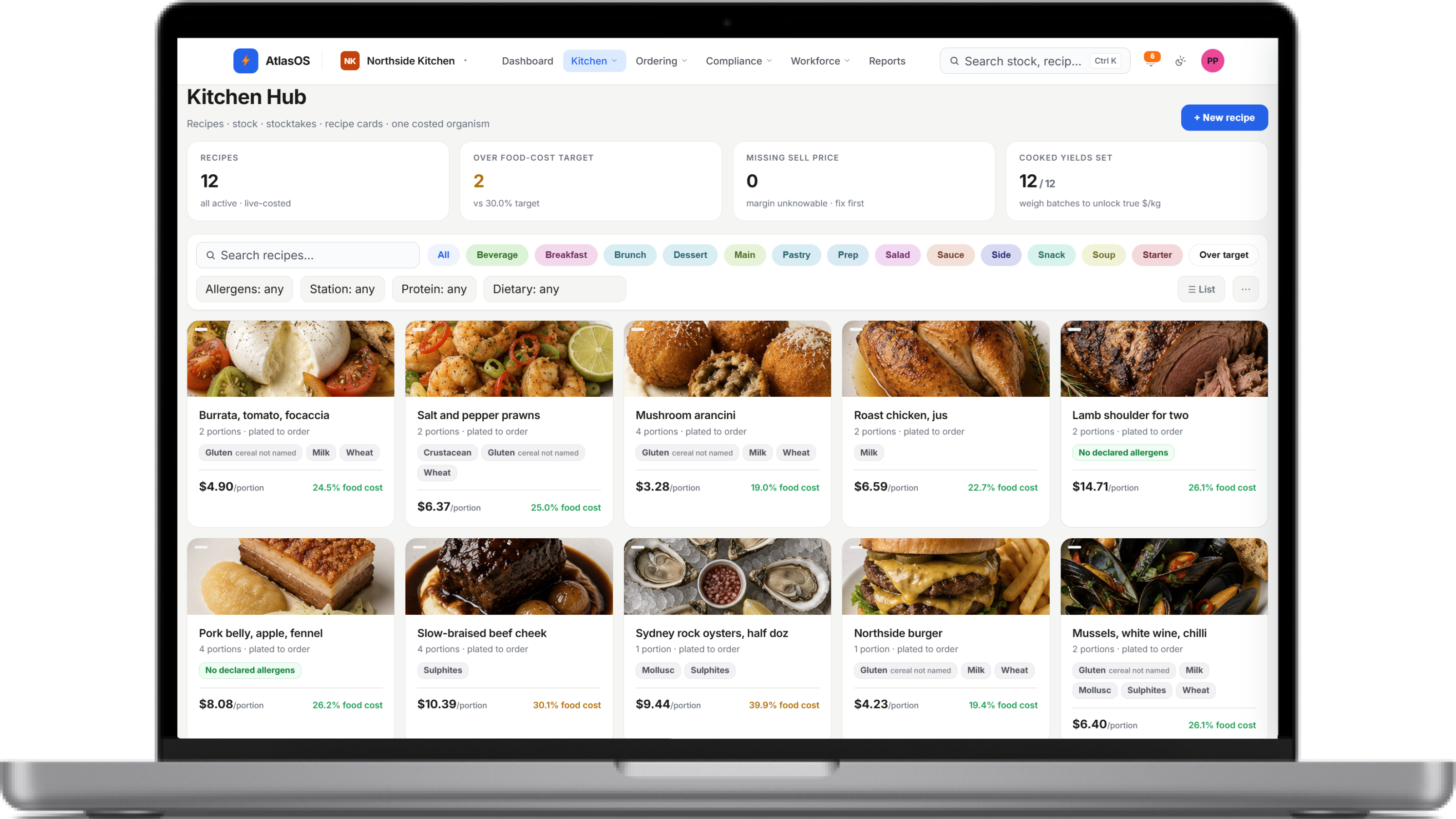 AtlasOS Kitchen Hub with costed recipes shown on a laptop